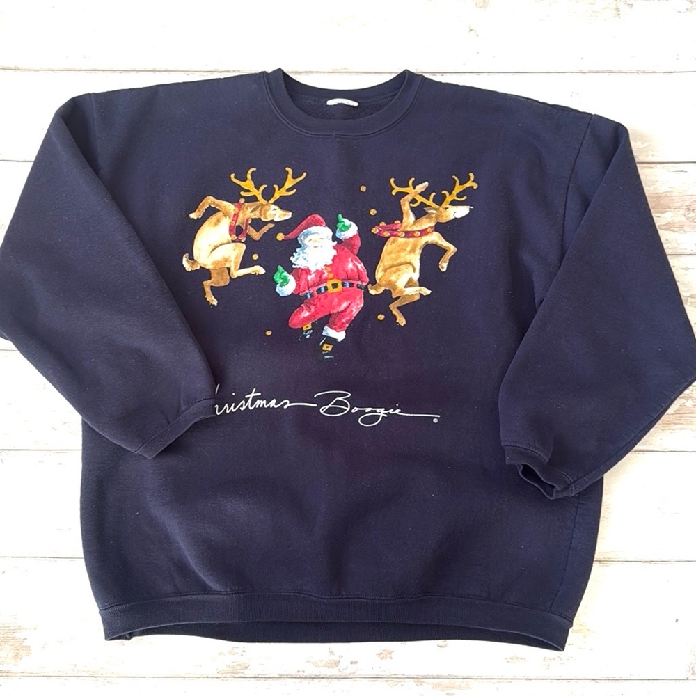 Women’s XL Christmas Crewneck Sweatshirt Navy Blue Santa Reindeer Size X Large